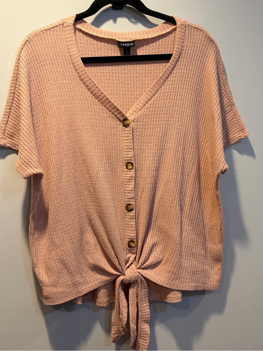 Torrid 2(2X) Waffle Knit Blouse Ties Up In The Front With A Button Detail